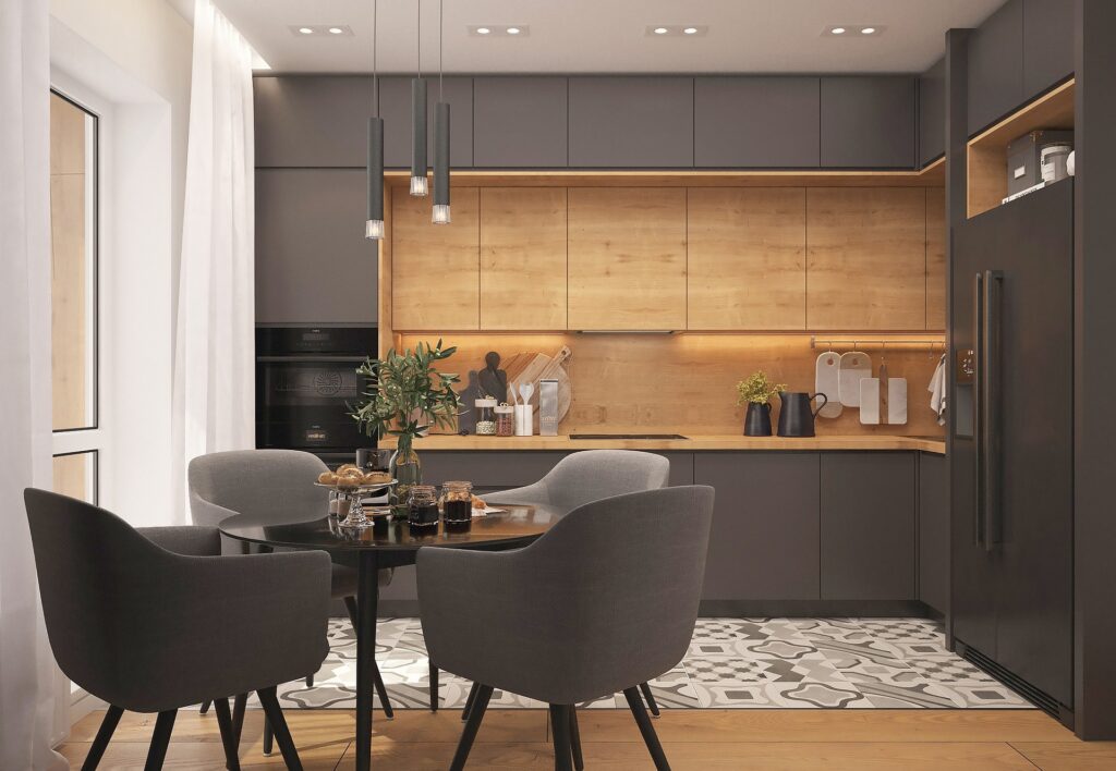 Luxury Interior Design with Modern Modular Kitchen "Luxury interior design featuring a modern modular kitchen with matte grey cabinets, warm wooden finishes, pendant lighting, and elegant dining furniture."